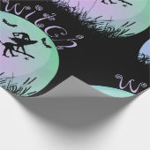 Papier Cadeau Sorcière effrayante sur un balai avec un chat (Coin)