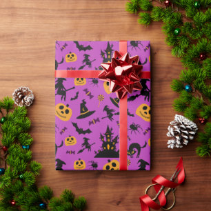 Papier Cadeau Sorcière et Motif Citrouille violet Halloween