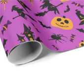 Papier Cadeau Sorcière et Motif Citrouille violet Halloween (Coin rond)
