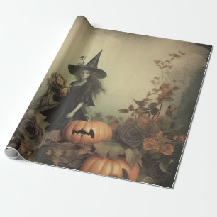 Papier Cadeau Sorcière gothique sépia avec citrouilles et roses