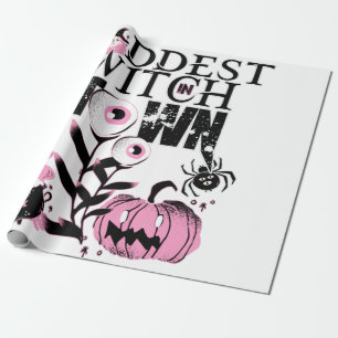 Papier Cadeau Sorcière la plus triste en ville Halloween rose et