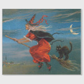 Papier Cadeau Sorcière volant avec chat noir la nuit d'Halloween (Plat)