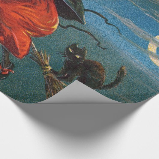 Papier Cadeau Sorcière volant avec chat noir la nuit d'Halloween (Coin)