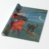 Papier Cadeau Sorcière volant avec chat noir la nuit d'Halloween (Déroulé)
