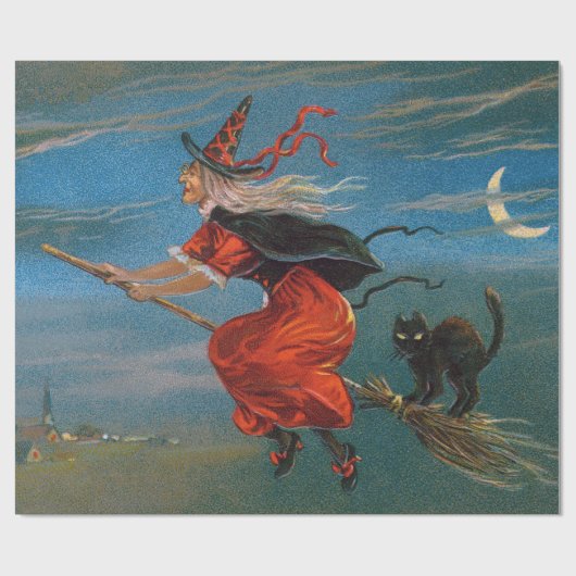 Papier Cadeau Sorcière volant avec chat noir la nuit d'Halloween (Plat)