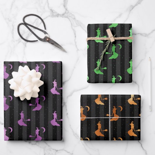 Papier Cadeau Sorcieres et rayures en feuille de pourpre, orange (Recto)