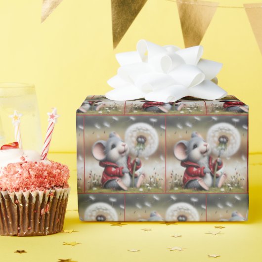 Papier Cadeau Souris avec un pissenlit (Fête d'anniversaire)