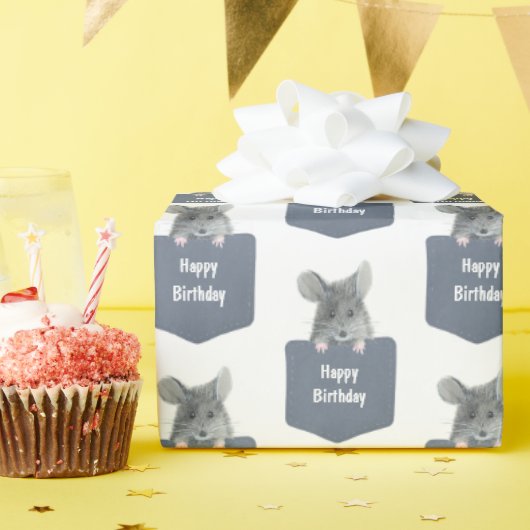 Papier Cadeau Souris d'anniversaire en poche (Fête d'anniversaire)