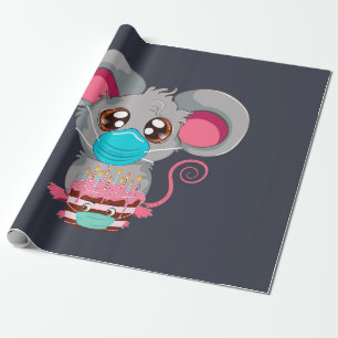 Papier Cadeau Souris de Kawaii au masque facial avec gâteau