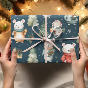 Papier Cadeau Souris de Noël bleu marine vintage