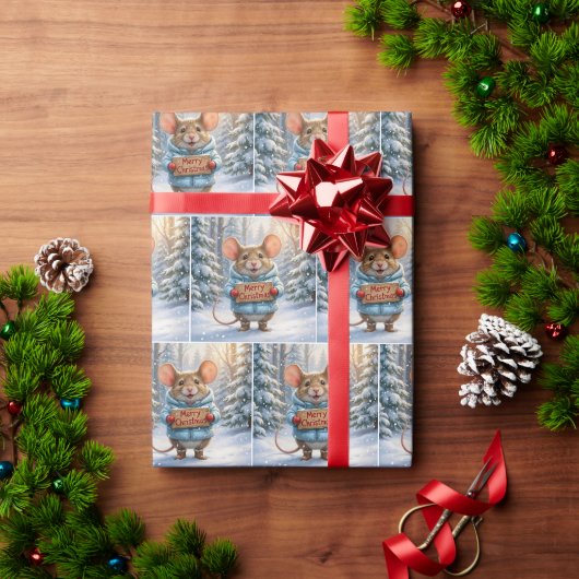 Papier Cadeau Souris de Noël dans la forêt hivernale (Cadeau de vacances)