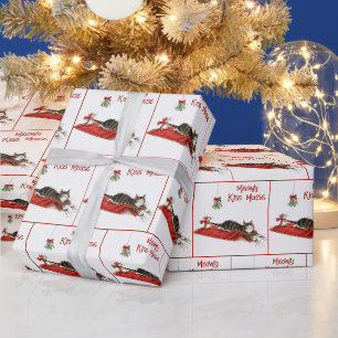 Papier Cadeau Souris de Noël traînant un chat sous un gui