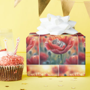 Papier Cadeau Souris dormant dans une fleur rouge