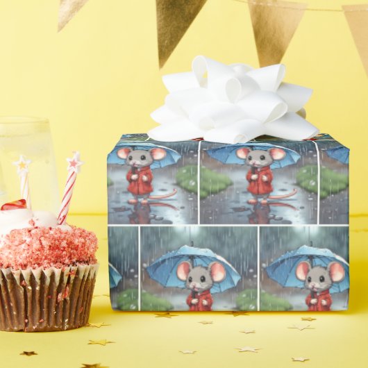 Papier Cadeau Souris Grise Sous Parapluie (Fête d'anniversaire)