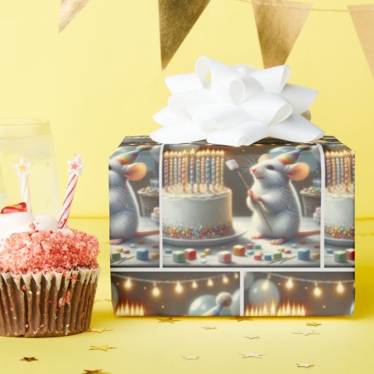 Papier Cadeau Souris marshmallows et gâteau d'anniversaire (Fête d'anniversaire)