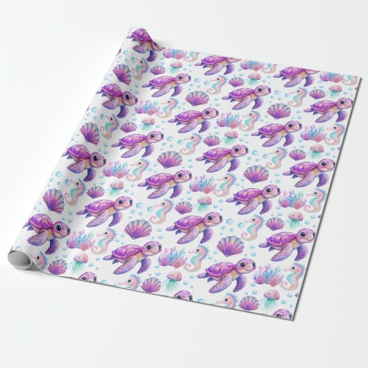 Papier Cadeau Sous la mer mignonne tortue rose violet anniversai (Déroulé)
