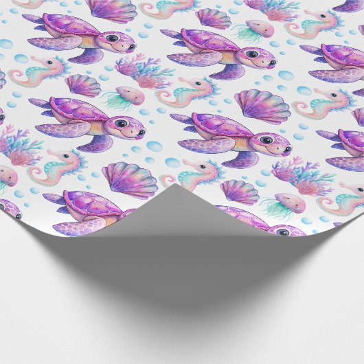 Papier Cadeau Sous la mer mignonne tortue rose violet anniversai (Coin)