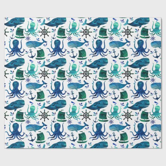 Papier Cadeau Sous le nautique marin d'océan d'aquarelle de mer (Plat)