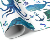 Papier Cadeau Sous le nautique marin d'océan d'aquarelle de mer (Coin rond)