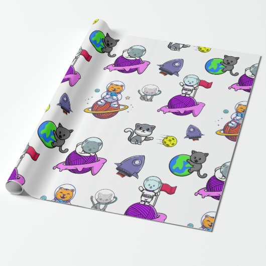 Papier Cadeau Space Astronaut cat Planet Wrapper Paper (Déroulé)