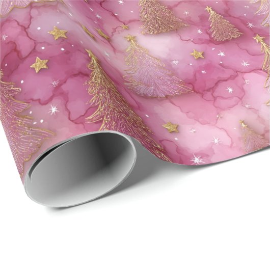 Papier Cadeau Sparkly Gold Holiday Tree on Pink (Coin rond)