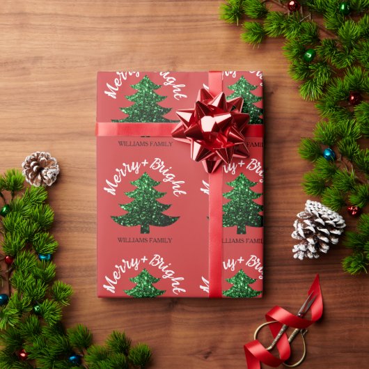 Papier Cadeau Sparkly Merry Bright Christmas tree Custom name (Cadeau de vacances)