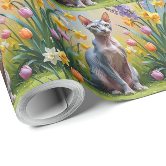 Papier Cadeau Sphynx Chat Fleurs de printemps Peinture (Coin rond)