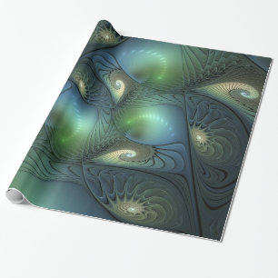 Papier Cadeau Spirales Turquoise Beige Vert Abstrait Fractal Art