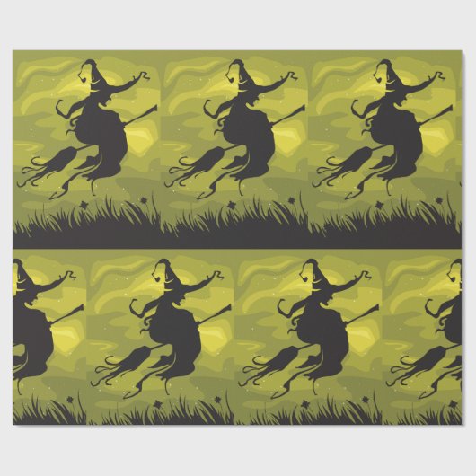 Papier Cadeau Spooky Halloween Witch Flying on Broomstick (Plat)