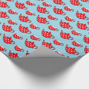 Papier Cadeau Spotty Red Teapot et tasses Motif bleu