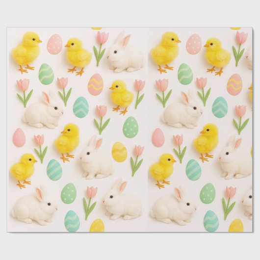 Papier Cadeau Spring Pattern Bunny Chicken Easter Eggs  (Plat)