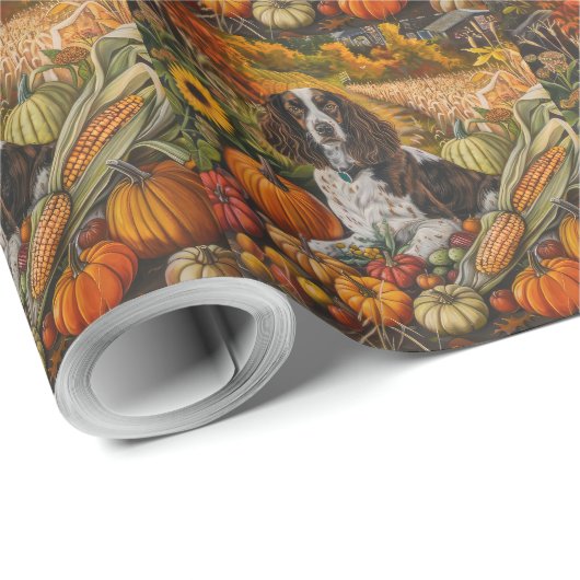 Papier Cadeau Springer Spaniel Chien Automne Harvest Thankgiving (Coin rond)