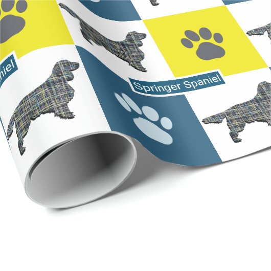 Papier Cadeau Springer Spaniel Chien Silhouette et Paw Y&B Grid (Coin rond)