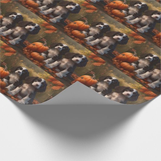Papier Cadeau Springer Spaniel Chiot Automne Citrouille de plais (Coin)