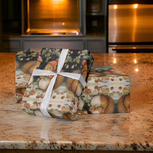 Papier Cadeau Sqiurrels de Noël Partager Nuts Holly