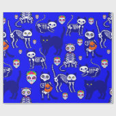 Papier Cadeau squelette du chat halloween bleu (Plat)