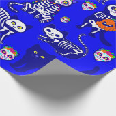 Papier Cadeau squelette du chat halloween bleu (Coin)