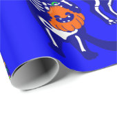 Papier Cadeau squelette du chat halloween bleu (Coin rond)
