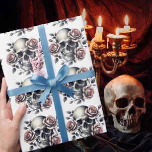 Papier Cadeau Squelette gothique Fleurs roses Mignon Romantique
