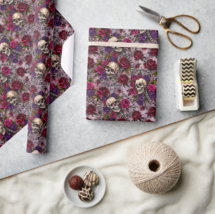 Papier Cadeau Squelette Mariage gothique Crâne et Rose