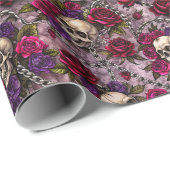 Papier Cadeau Squelette Mariage gothique Crâne et Rose (Coin rond)