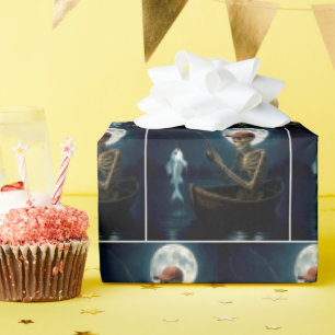 Papier Cadeau Squelette pêche dans un bateau en bois