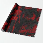 Papier Cadeau Squelettes gothiques noirs Damas Crimson (Déroulé)