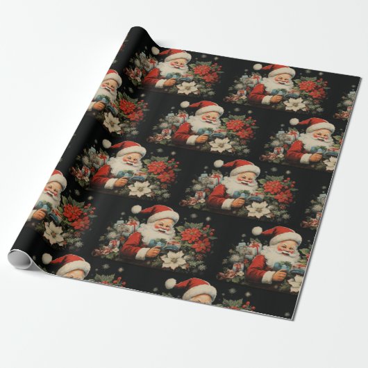 Papier Cadeau St Nicholas Noël Poinsettia Fleurs Noir (Déroulé)