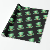 Papier Cadeau St Paddy's Day Vert Top Motif de chapeau sur Noir (Déroulé)