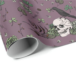 Papier Cadeau St patrick Goth, Motif du crâne vert et violet
