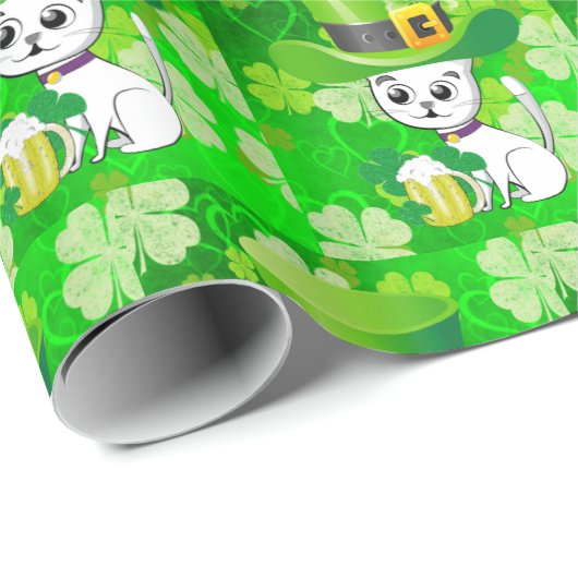 Papier Cadeau St. Patrick's Day Enveloppement Papier Beer Cat (Coin rond)