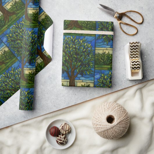 Papier Cadeau Stained Glass Olive Tree Wrapping Paper – Nature (Artisanat)