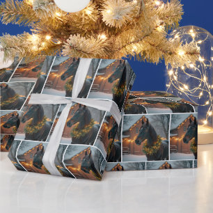 Papier Cadeau Stallion portant une couronne de Noël