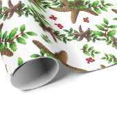 Papier Cadeau Starfish in Holly Tropical Christmas Motif Blanc (Coin rond)